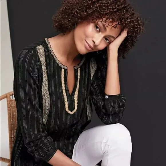 J Jill Peasant Blouse XS Black White Stripe Lace - Picture 14 of 14